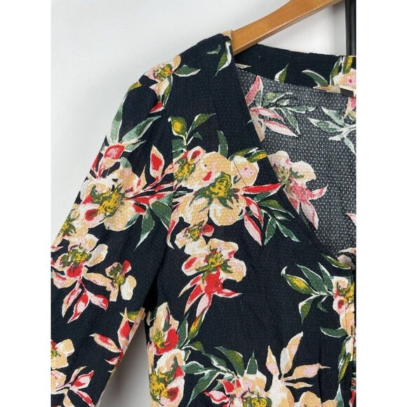 Roxy Black Floral Winter Garden Cropped Long Sleeve Tie Front Top Size Small - Picture 5 of 8